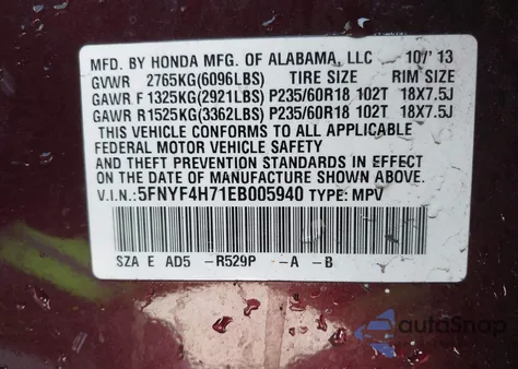 2014 Honda Pilot Ex-L z USA, uszkodzony, nr VIN 5FNYF4H71EB005940